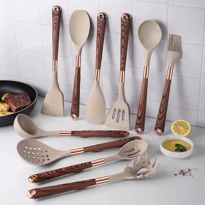 Silicone Wood Grain Pattern Kitchen Utensil Set (10 Piece)