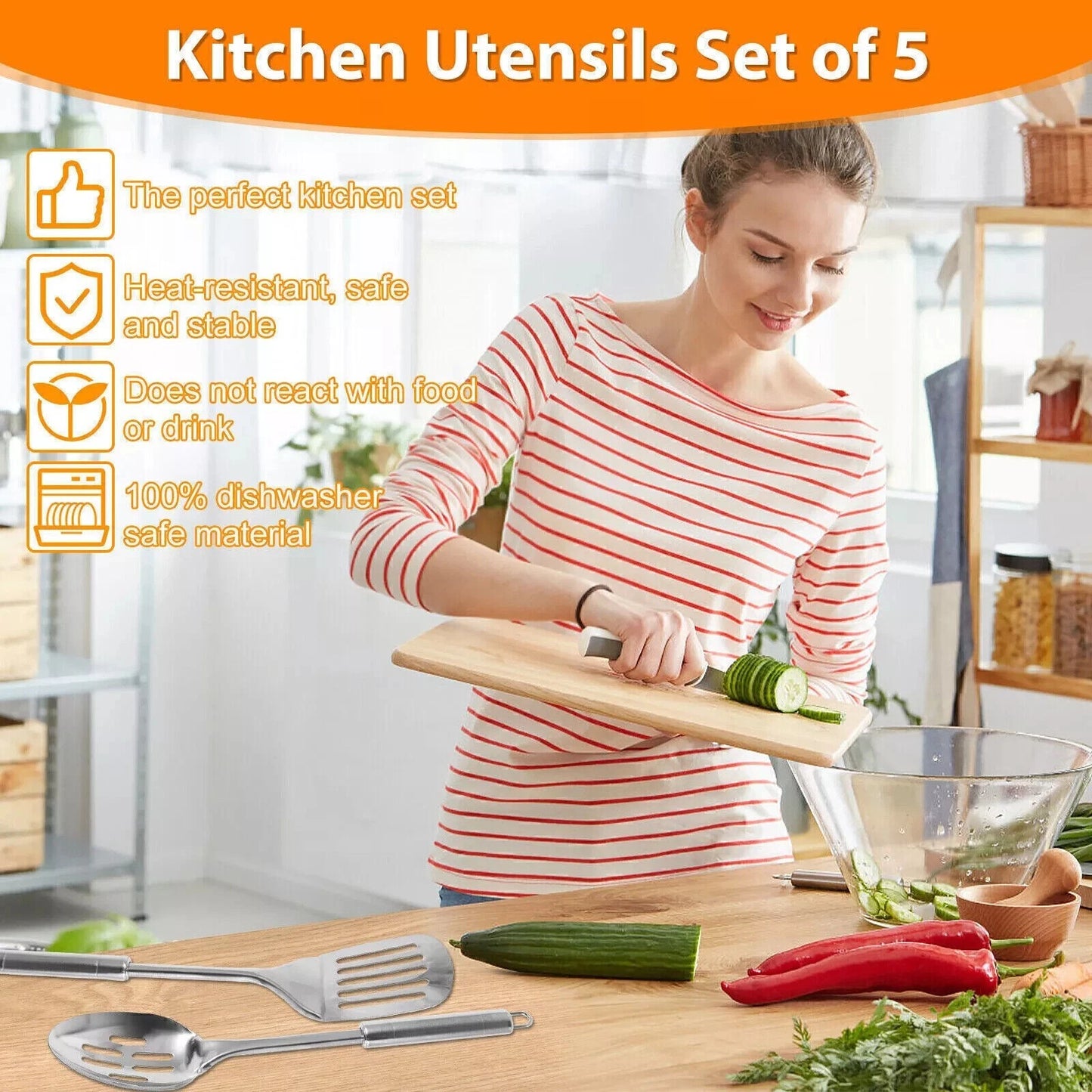 ✅ 5Pcs Kitchen Cooking Utensils Set Stainless Steel Spoons and Spatula Set US