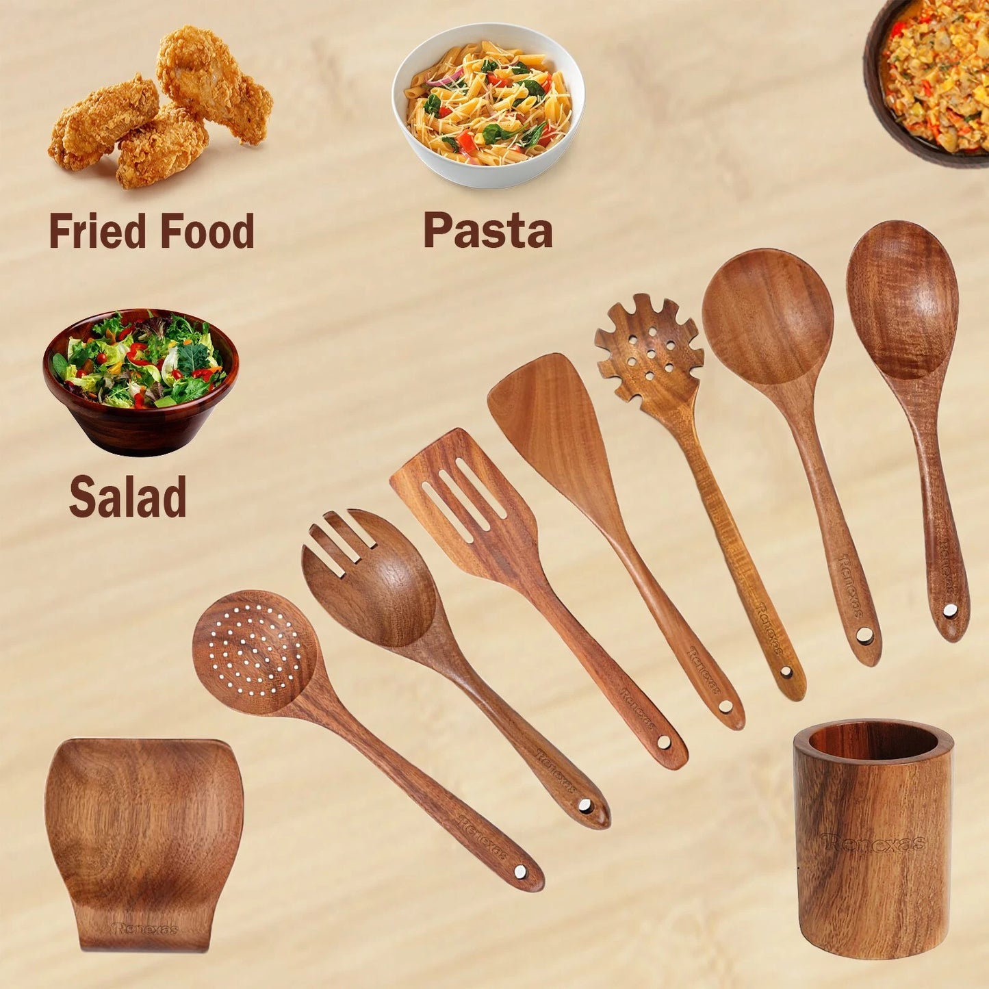 9 Pcs Teak Wooden Spoons for Cooking Kitchen Utensils Set Spatulas Rest &Holder